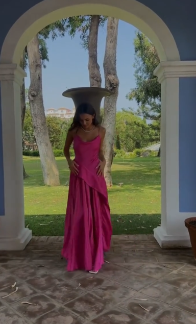 Charming Spaghetti Straps Hot Pink Satin Pleated A Line Long Evening Gown Formal Wedding Guest Dress SP335