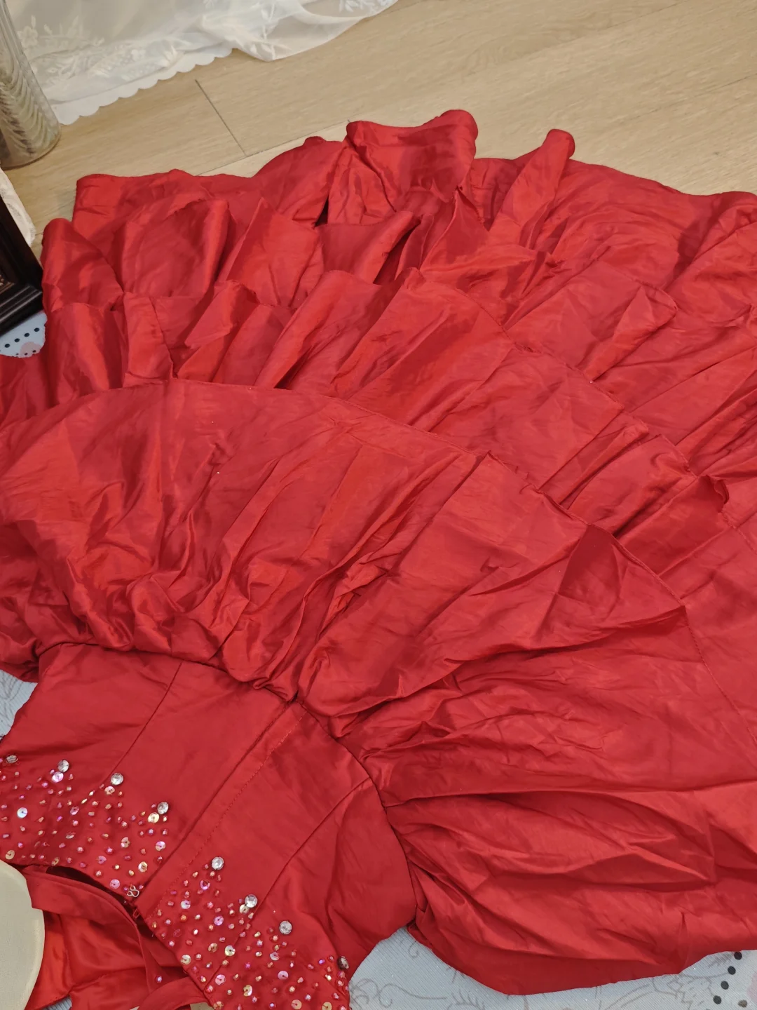 Vintage Spaghetti Straps Satin layered Beaded A Line Cocktail Dress,Red Short 7th Grade Homecoming Dress SP2708