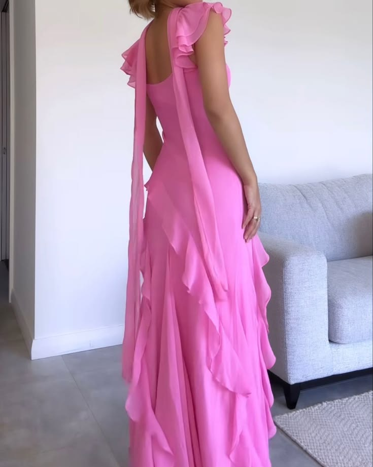 Beautiful Pink V-Neck Chiffon Ruffle Mermaid Long Prom Dress Party Gown With Ribbon SP4010