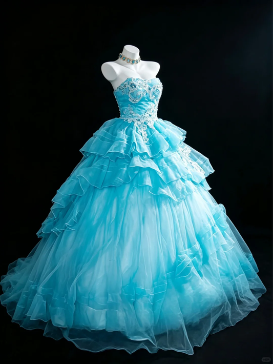 Charming Blue Strapless Tiered Ruffle Tulle Formal Ball Gown Crystal Lace Bodice Princess Quinceanera Dress & Sweet 16 Dress SP2730