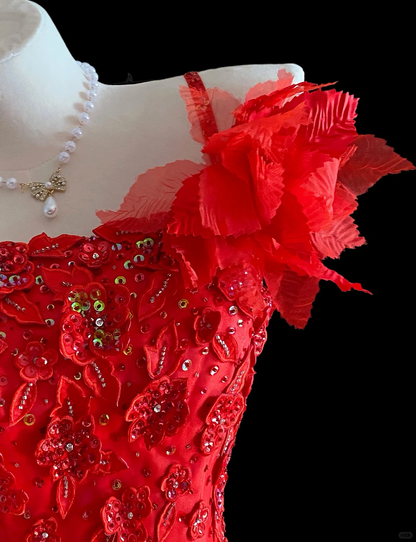 Charming Spaghetti Straps Ball Gown Red Tulle Pleated Sequin Appliques Long Party Dress Prom Gown SP4089