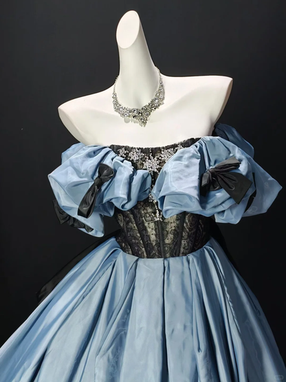 Charming Off The Shoulder Lace Satin Beaded Ball Gown,Blue Birthday Quinceanera Dress SP3186