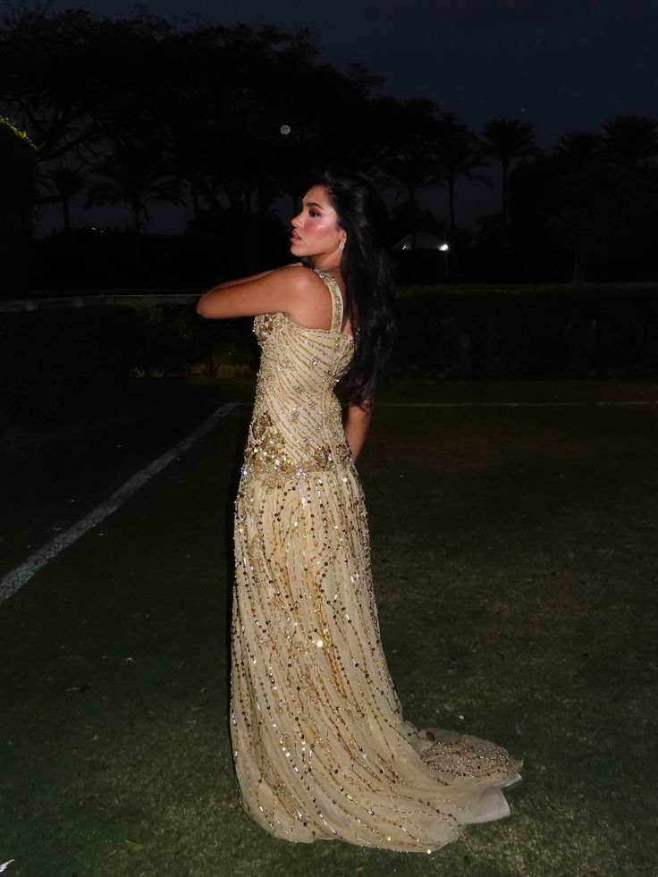 Gorgeous Spaghetti Straps Champagne Gold Tulle Beaded Mermaid Long Party Dress Evening Dress SP3933