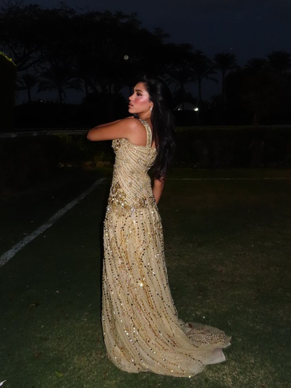 Gorgeous Spaghetti Straps Champagne Gold Tulle Beaded Mermaid Long Party Dress Evening Dress SP3933