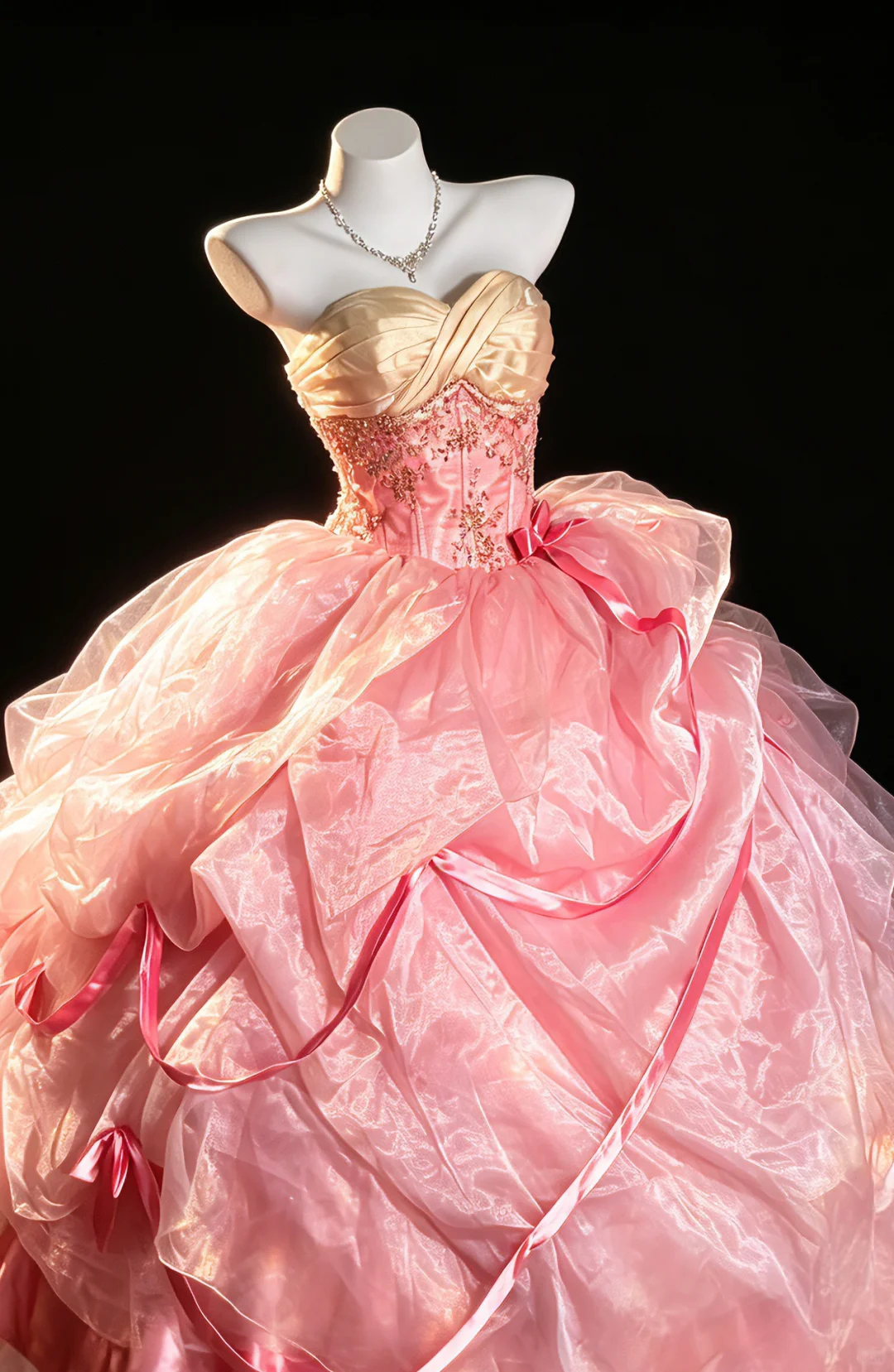 Barbie Style Pink Strapless Princess Ball Gown Shiny Organza Skirt Crystal Embellished Bodice Satin Formal Quinceanera Dress SP2736