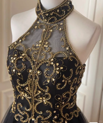 Fashion Halter Black Tulle Beaded A Line Cocktail Dress Formal Homecoming Dress Y9052