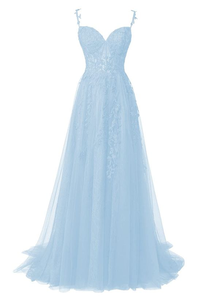 Blue Flower Lace Appliques Tulle Long Prom Dresses for Teens Y7044