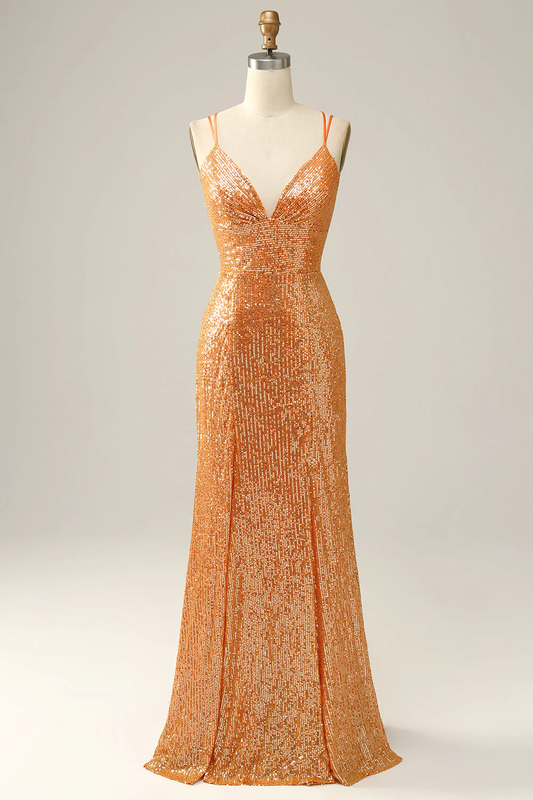 Orange Sequined Backless Mermaid Prom Dress Y2974