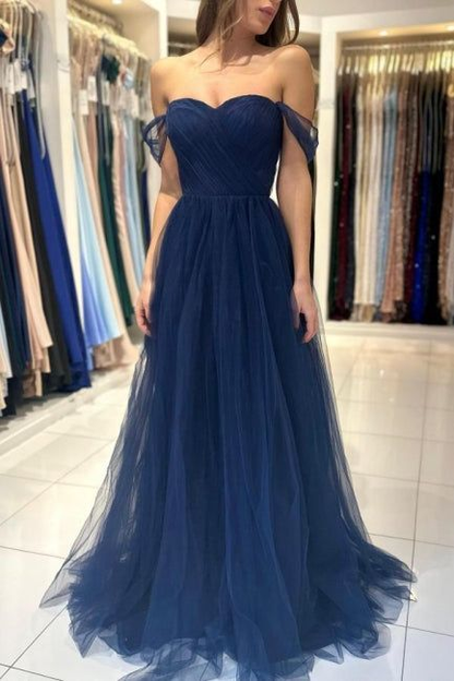 Elegant Long Navy Blue Off-the-shoulder A-line Sleeveless Prom Dress Y6767