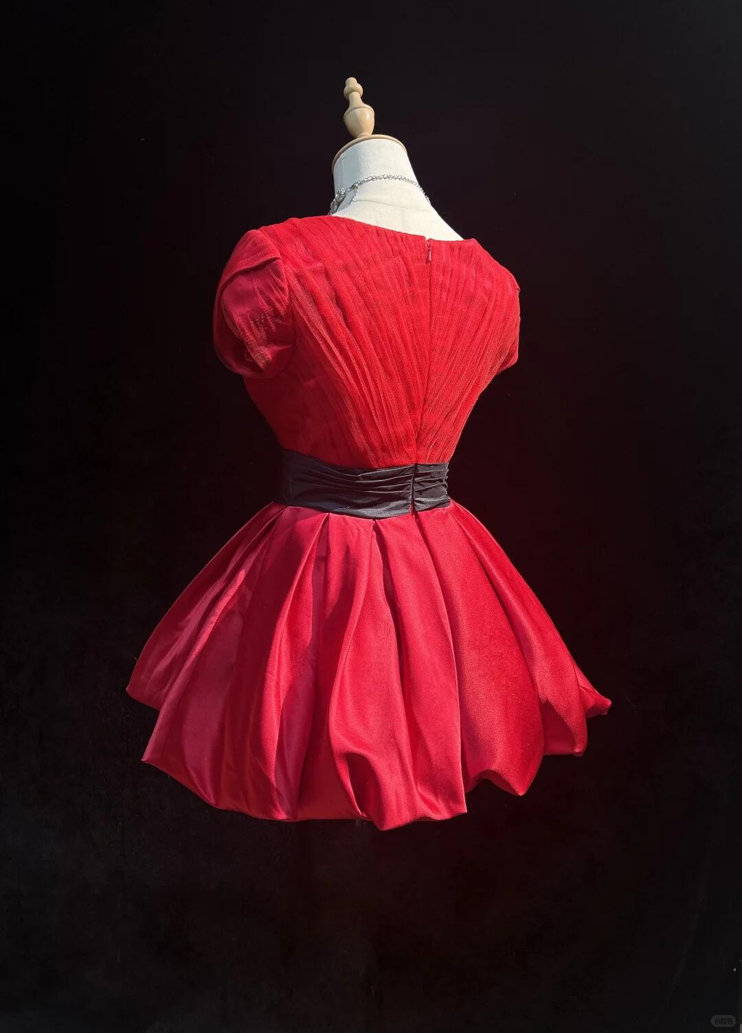 Vintage Red Satin Pleated A Line Short Homecoming Dress Birthday Outfits SP2923