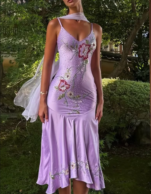 Pretty Purple V Neck Satin Sequin Beaded Mermaid Long Party Dress Evening Dress SP3778