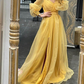 Puff Sleeves V Neck Tulle Slit Evening Dress Y5793