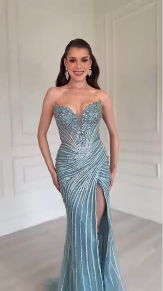 Luxurious Blue Strapless Tulle Beaded Side Slit Mermaid Long Prom Dress Party Gown SP2224