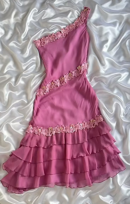 Pretty Pink One Shoulder Chiffon Appliques Short Homecoming Dress Birthday Dress SP3731