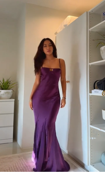 Simple Spaghetti Straps Purple Satin Mermaid Long Bridesmaid Dress Prom Dress SP247