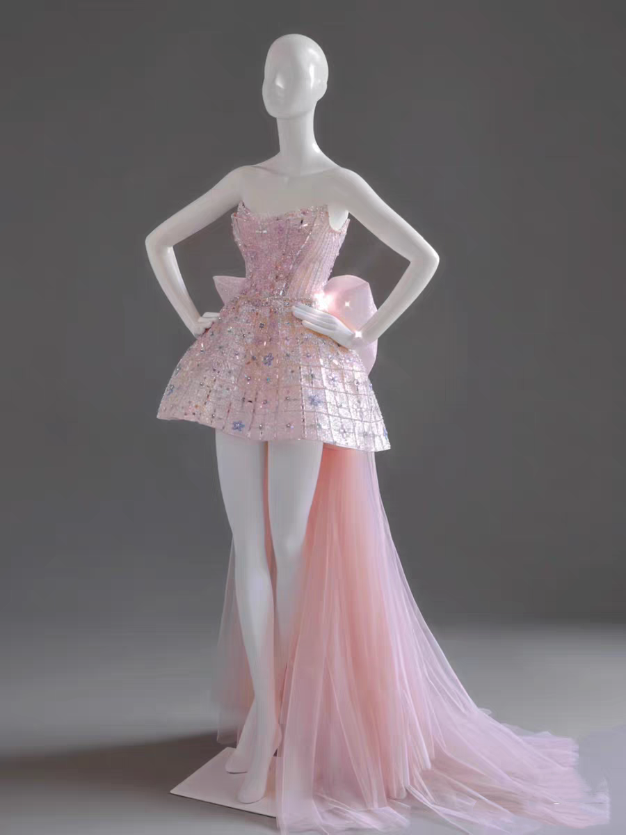 Pretty Strapless Pink Tulle Beaded Mini Birthday Dress Short Homecoming Dress With Bow Y9317