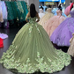 Luxury Green Princess Quinceanera Dresses Off Shoulder 3D Flowers Appliques Ball Gown Y4147