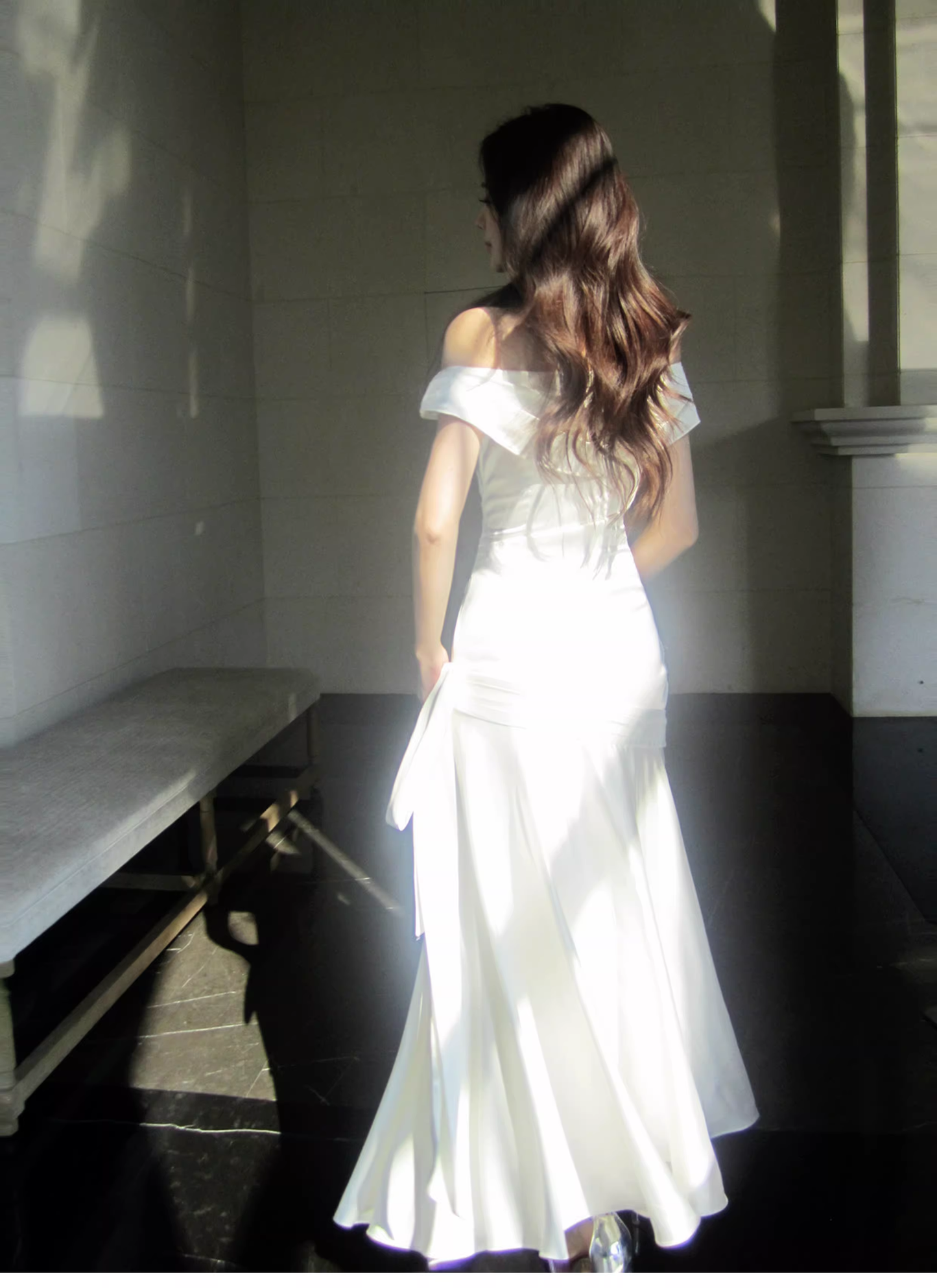 Charming Off The Shoulder White Satin Pleated Mermaid Long Evening Dress Birthday Dress SP1642