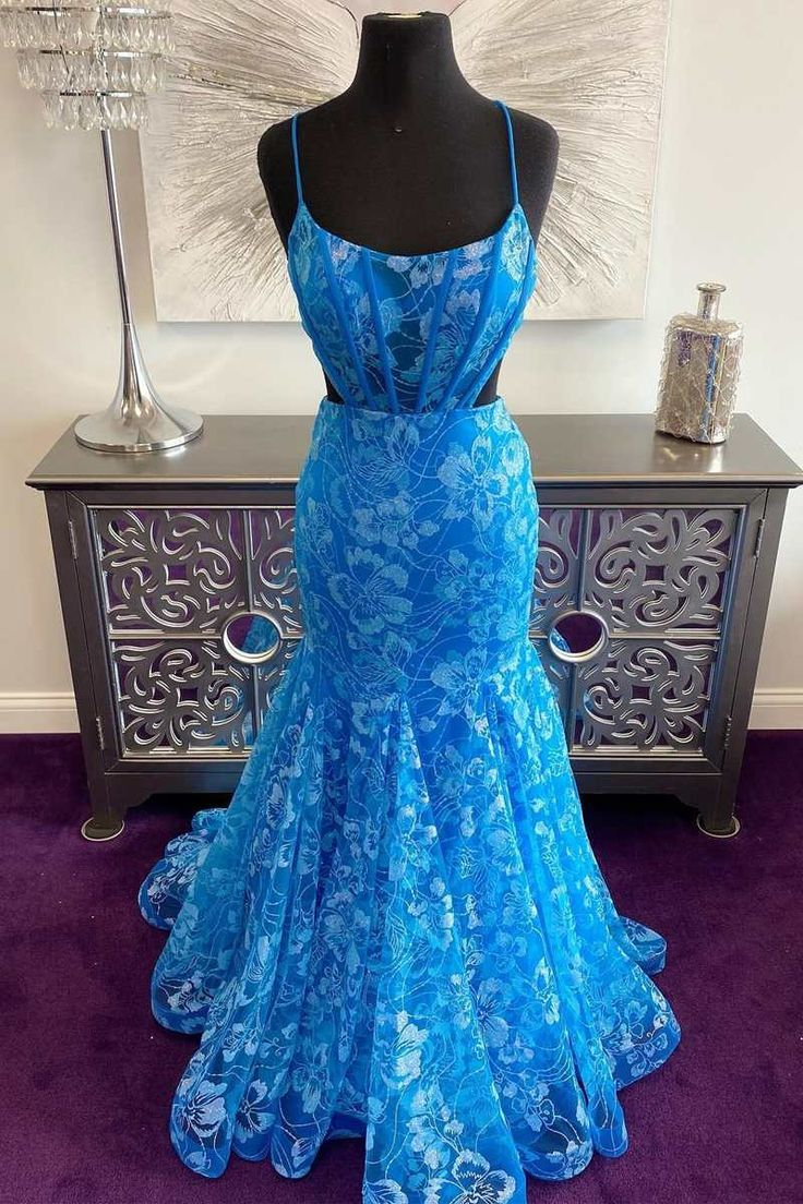 Blue Floral Lace Backless Trumpet Long Prom Dress Y7030