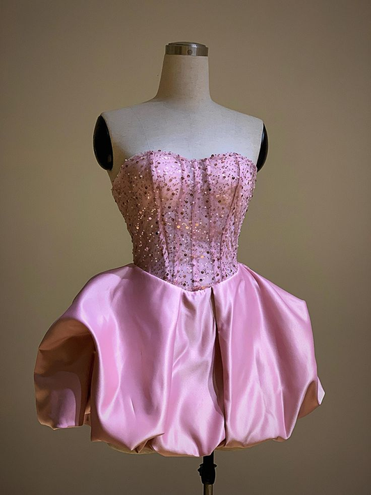 Pretty Strapless Hot Pink Satin Sequin A Line Short 20th Birthday Outfits Homecoming Dress SP180