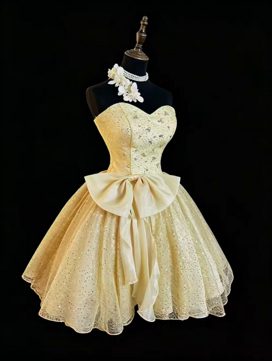 Glitter Champagne Gold Strapless Tulle Sequin Short Homecoming Dress Birthday Outfits With Bow SP2765
