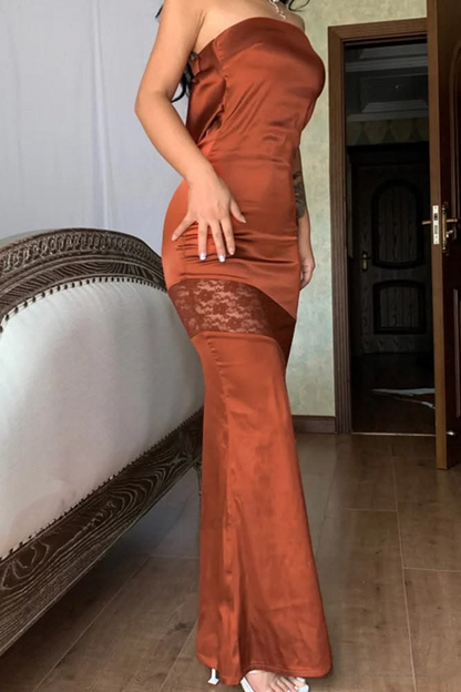 Sexy Strapless Satin Lace Backless Long Wedding Guest Dress Yellow Prom Dress Party Gown SP2282