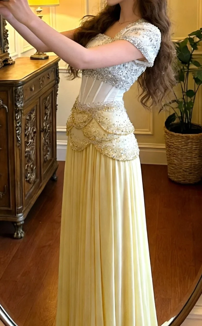 Gorgeous Yellow Chiffon Beading Pleated Long Party Dress Backless Long Birthday Prom Dress SP3864