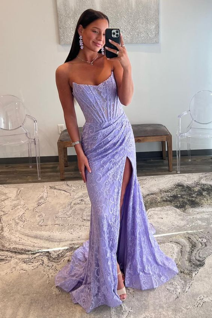 Lavender Strapless Lace Ruched Mermaid Prom Dress with Slit Y6709