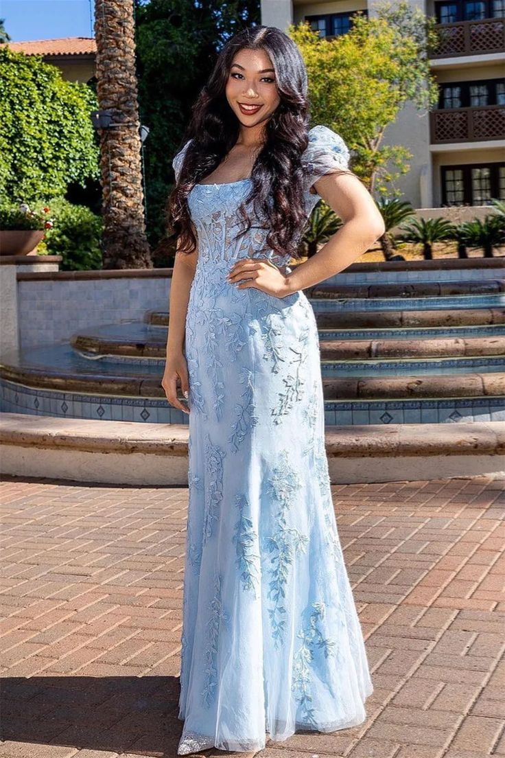 Light Blue Square Neck Puff Sleeves Appliques Tulle Long Prom Dress Y6189