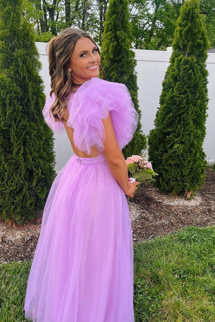 Flare Sleeves Light Purple Tulle Long Prom Dress Y6377