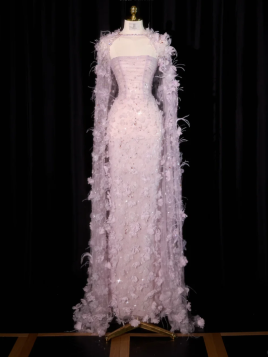 Pretty Purple Strapless Tulle Beaded Appliques Sheath Long Evening Dress Birthday Dress With Feathers SP2240