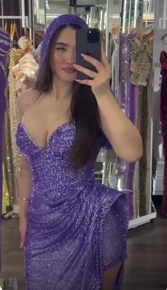 Glitter Sweetheart Neck Purple Sequin Pleated Long  Evening Dress Prom Gown SP3762
