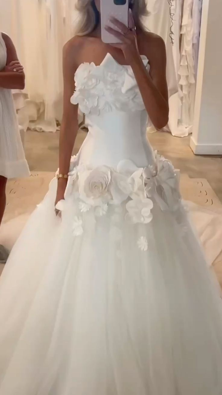 Pretty Strapless White Tulle 3D Flowers Long Wedding Dress SP4186