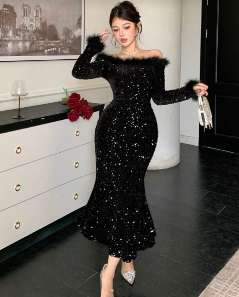 Shiny Off The Shoulder Black Sequin Feather Mermaid Prom Dress Long Evening Gown SP1016