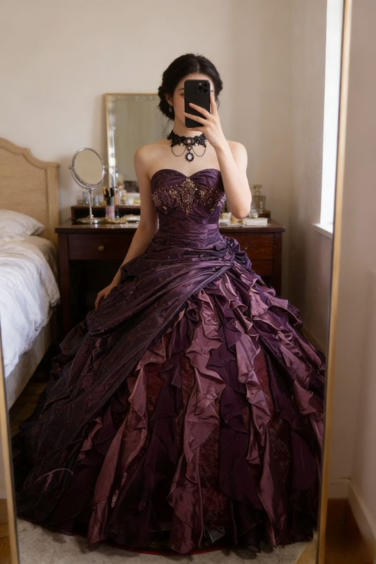Vintage Sweetheart Neck Tulle Satin Pleated Ball Gown Purple Formal Birthday Quinceanera Dress SP1361