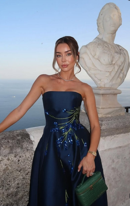 Elegant Strapless Navy Blue Satin Long Party Dress Birthday Prom Dresses SP4141