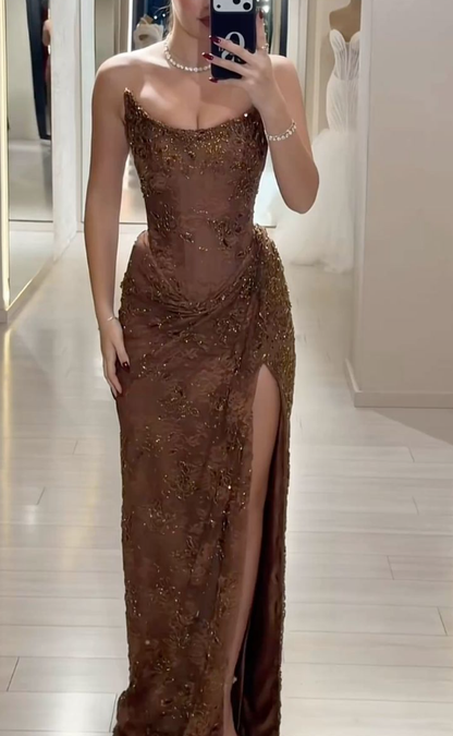 Elegant Strapless Brown Lace Slit Mermaid Prom Dress Long Party Dress SP1350