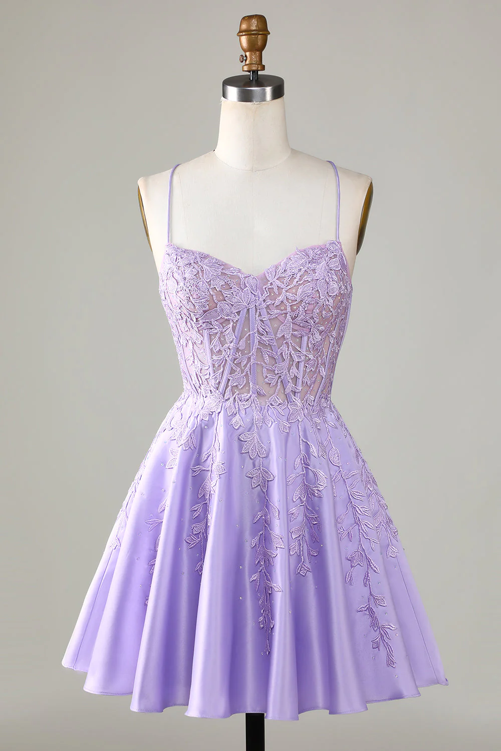 Purple Corset A-Line Satin Short Homecoming Dress With Lace Y3066