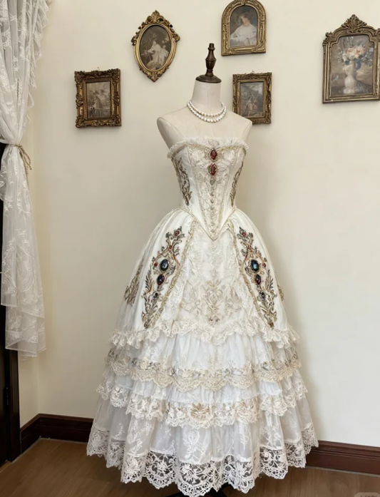 Vintage Strapless Satin Lace Beaded Layered Formal Quinceanera Dress White Ball Gown SP314