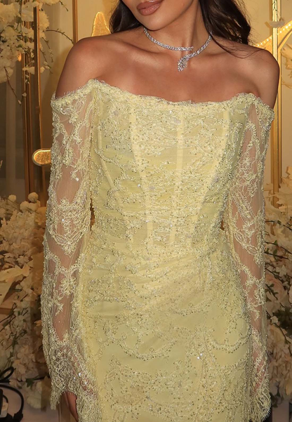 Pretty Off-Shoulder Yellow Lace Slit Sheath Long Party Dress SP4209