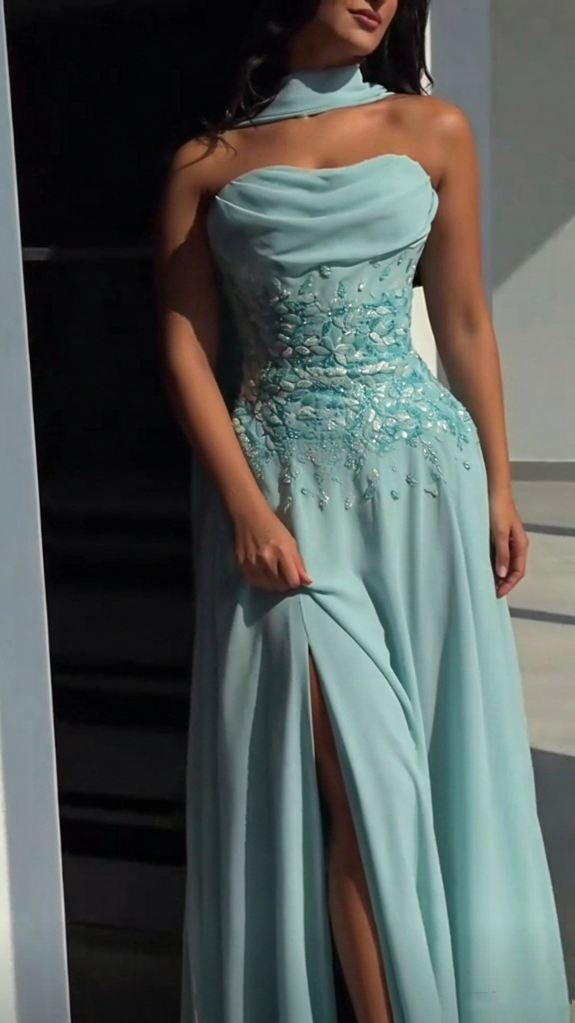 Elegant Strapless Mint Green Chiffon Beaded Slit Long Party Dress Prom Gowns SP4272