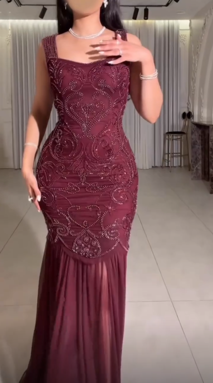 Charming Square Neck Chiffon Beaded Party Dress Burgundy Mermaid Long Prom Dress SP4178