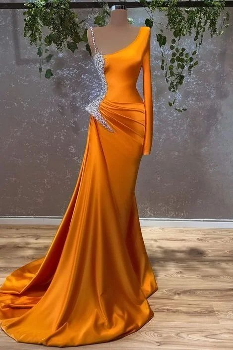 Burnt Orange Long Sleeves Mermaid Prom Dress With Beads Y6634