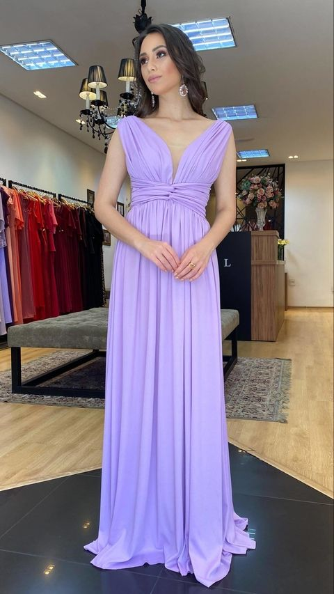 Simple Lavender V Neck Sleeveless Prom Dress Y6182