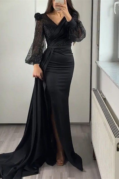 Sequins V-Neck Long Sleeves Mermaid Split Evening Dress With Ruffle Y5554