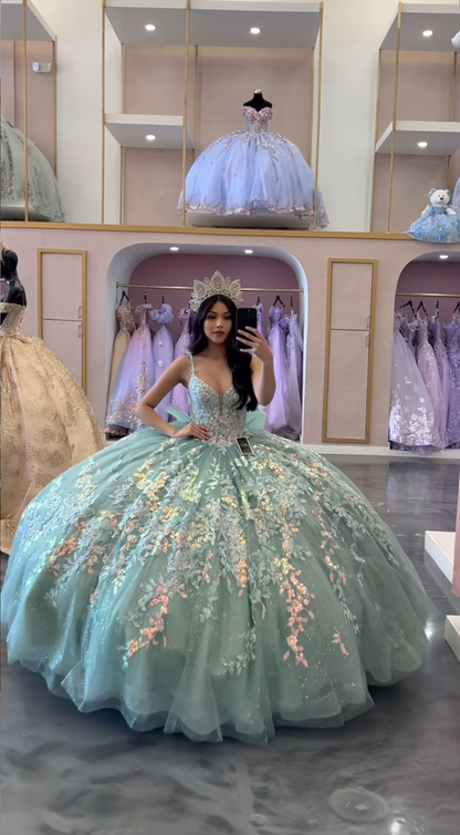 Pretty Spaghetti Straps Tulle Sequin Quinceanera Dress Green Sweet 15 Dress With Bow SP3991