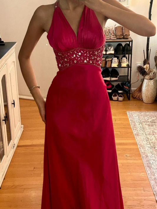 Classy Halter Hot Pink Satin Beaded Long Party Gown Formal Guest Dress SP306