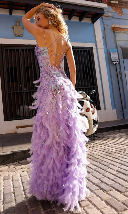 Pretty Spaghetti Straps Purple Satin Beaded Feathers Slit Mermaid Long Party Dress Prom Dress SP3707