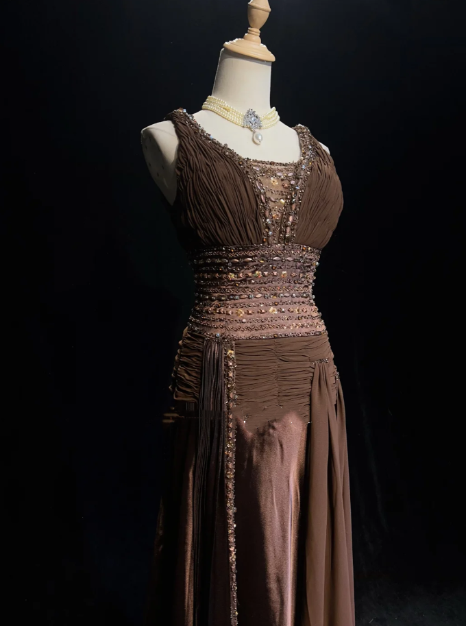 Vintage Brown Satin Chiffon Beaded Mermaid Long Party Dress Birthday Prom Dress SP1860