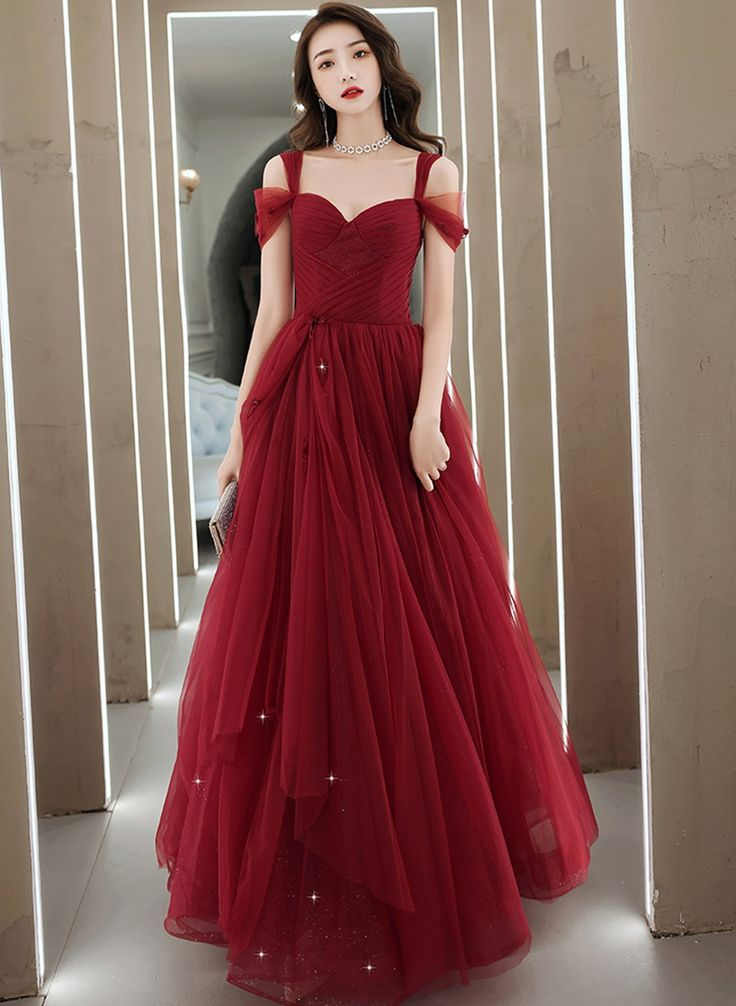 Wine Red Tulle Straps Sweetheart Long A-line Prom Dress Y6017